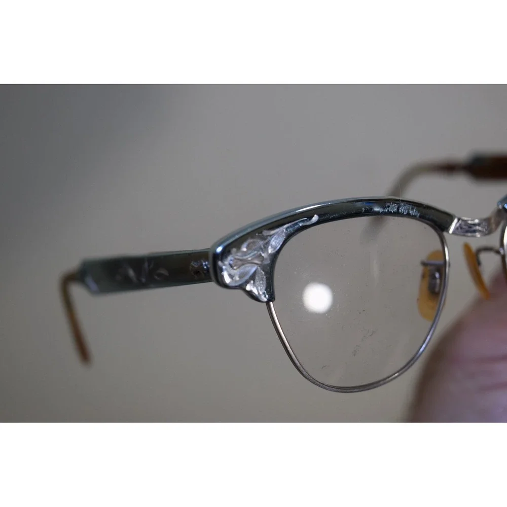 Vintage 1950's RICH LADY Eyeglasses Chrome Silver Etched FLAWS - PARTS OR REPAIR